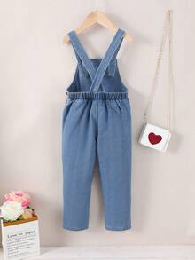 幼童女孩休閒舒適心形圖案牛仔背帶褲 - 淺色水洗藍 - 查看 2