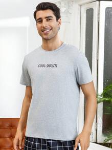 Men'S Letter Printed Short Sleeve Home Wear Top - Grey - View 6