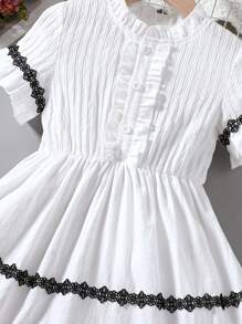 SHEIN Toddler Girls' Color Block Lace Trimmed Dress - White - View 4