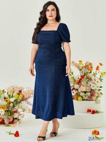 Modelyn Kích thước lớn Hình vuông Đường viền cổ áo Xếp li Váy sequin - Xanh đậm - Xem 3