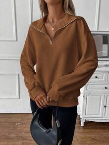 SHEIN LUNE Zipper Half Placket Long Sleeve Sweatshirt - Brown - View 4