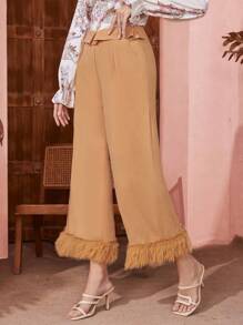 Seusyu Women'S High-Waisted Folded Waistband Frayed Hem Wide Leg Pants Fall Cloth For Women - Yellow - View 3
