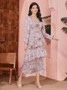 Modelyn Women's Floral Printed Ruffle Hem Dress Fall Cloth For Women - Baby Pink - View 5