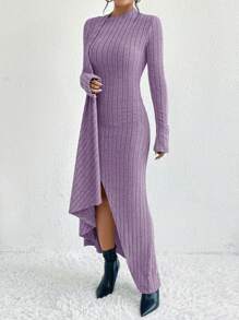 SHEIN Privé 女款側開衩長袖羅紋洋裝 - 淡紫色 - 查看 4