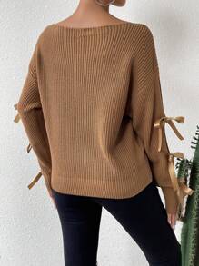 SHEIN Essnce Knotted Split Long Sleeve Solid Color Pullover Sweater - Brown - View 2