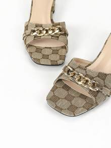 女士高跟凉鞋，时尚小粗跟亮面一脚蹬方头拼色印花凉鞋，沙滩休闲通勤凉鞋 - 彩色 - 查看 4