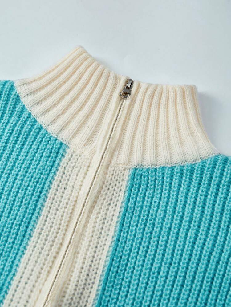 Women's Contrast Color Zipper Cardigan With Open Front