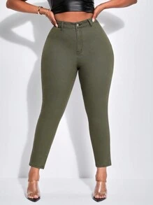 SHEIN EZwear Women's Plus Size Solid Color Skinny Jeans - Army Green - View 5
