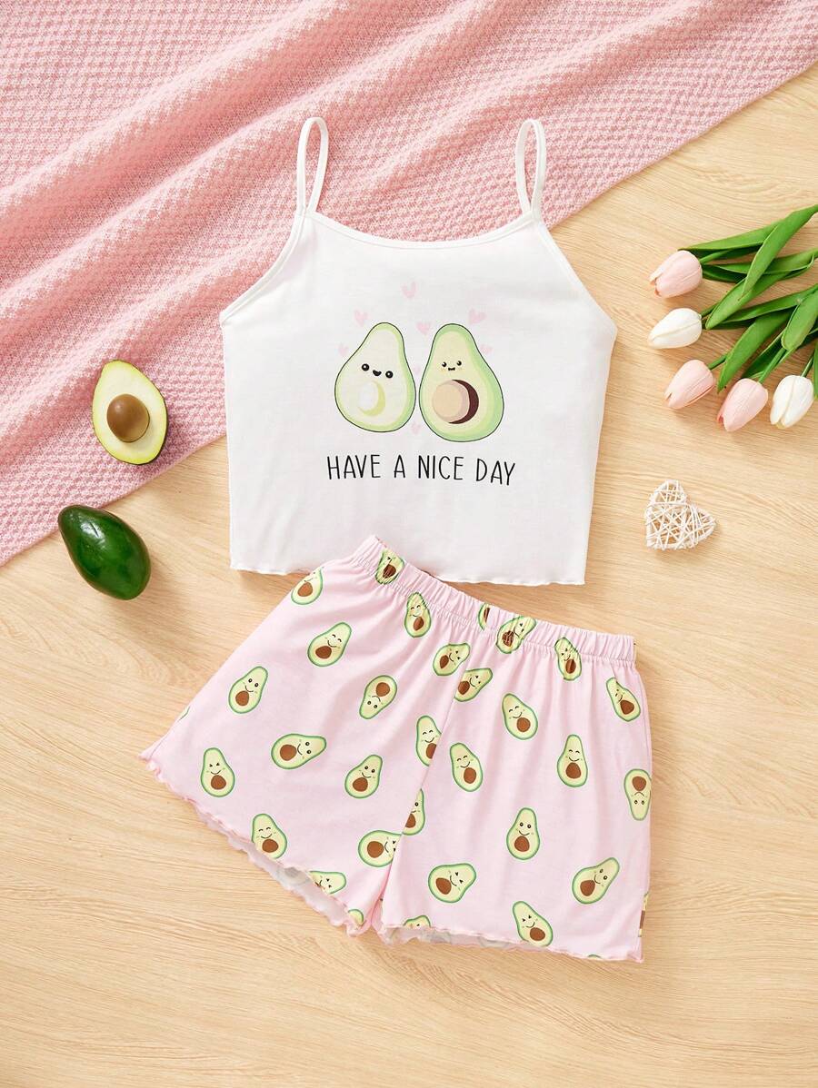 SHEIN Conjunto De Tanque De Punto Con Patrón De Aguacate Y Pantalones Cortos Sueltos Para Niñas Tween En Casa - Multicolor - Ver 1