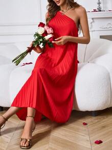 SHEIN Clasi 單肩無袖褶皺連衣長裙 - 紅色 - 查看 3