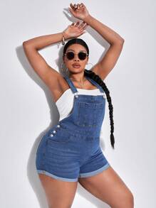 SHEIN SXY Plus Size Solid Color Bib Overalls Denim Shorts With Front Pockets - Blue - View 3