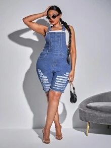 SHEIN SXY Plus Size Solid Color Bib Overalls Denim Shorts With Front Pockets - Blue - View 7