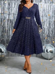 SHEIN Clasi Vestido Con Cinturón Y Purpurina De Talla Grande - Azul Marino - Ver 1