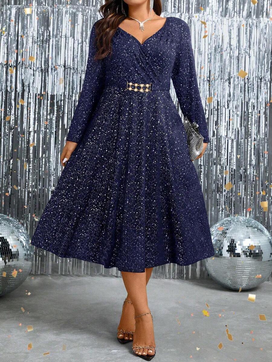 SHEIN Clasi Plus Size Glitter Belted Dress - Navy Blue - View 1
