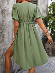 SHEIN Clasi 女性短袖泡泡袖高低擺襯衫 - 綠色 - 查看 2