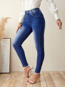 SHEIN LUNE 拉鏈門襟緊身牛仔褲 - 藍色 - 查看 4