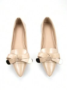 Women's Gold-Tone Hardware Buckled Bowknot Decoration Pointed Toe Daily Flats In Apricot Patent Leather - Apricot - View 5