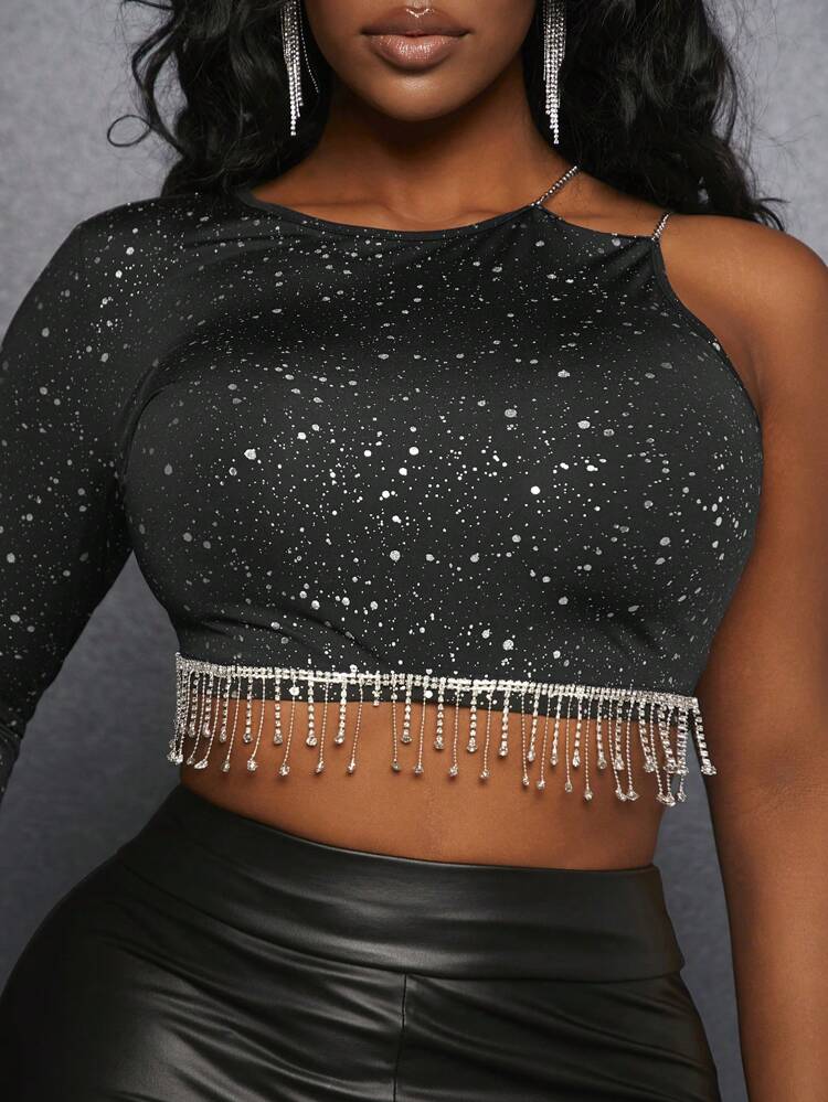 One-Shoulder Long Sleeve T-Shirt With Rhinestone Chain Detail Hem
