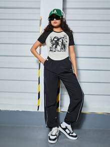 少女肖像印花衛衣和拼接口袋褲 2入組 - 黑色 - 查看 6