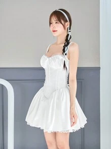 SHEINNeu 夏季白色连衣裙芭蕾蝴蝶结公主蕾丝边系带网眼吊带连衣裙生日女士服装情人节衣服 - 白色 - 查看 5