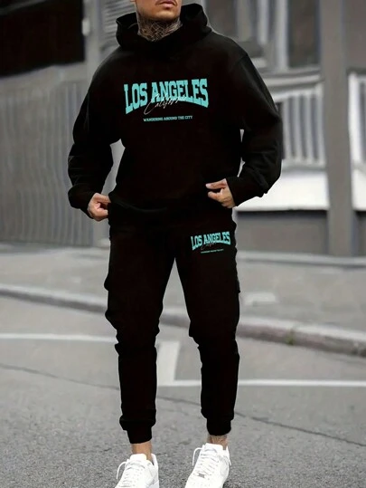 Manfinity BRENVOR メンズカジュアルレタープリントパーカー&スウェットパンツセット、秋服