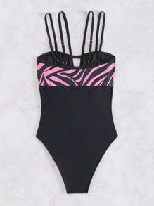 SHEIN Swim 夏季女士斑马纹镂空细节连体泳衣狂欢节 - 黑色 - 查看 8