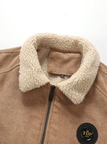 男式灯芯绒夹克，带贴片装饰和保暖衬里 - 卡其色 - 查看 4