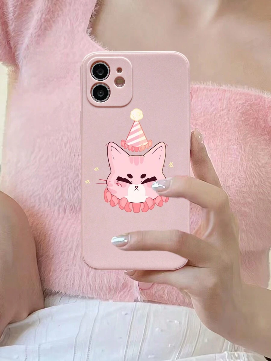 Ailko Floral Wreath & Cat Pattern Pink Painted Protective Phone Case, Compatible With Iphone12 13 14 Series And Other Models - Multicolor - View 1
