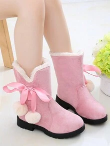 Girls' High/ Mid-Calf Boots With Pom Pom Decor, Kids' Winter Shoes - Black - View 2