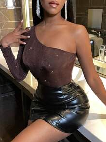 SHEIN Slayr Women's One Shoulder Long Sleeve Sparkly Bodysuit - Coffee Brown - View 6