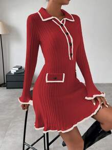 Chiquease 女士彩色拼接邊波浪袖毛衣連衣裙 - 紅色 - 查看 7