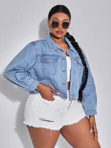 SHEIN SXY 大尺碼女士無彈力牛仔外套,修身百搭 - 藍色 - 查看 3