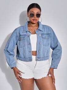 SHEIN SXY 大尺碼女士無彈力牛仔外套,修身百搭 - 藍色 - 查看 5