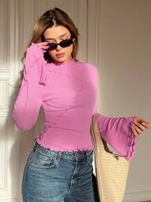 Siren Gaze Lettuce Hem Long Sleeve T-Shirt Winter Thanks Giving Pink Casual Spring - Pink - View 5