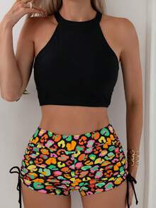 SHEIN Swim 女士豹紋勾頸比基尼套裝 - 彩色 - 查看 3