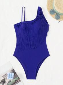 SHEIN Swim Women'S One-Shoulder Asymmetrical Fringe Decoration One-Piece Swimsuit Summer - Navy Blue - View 7