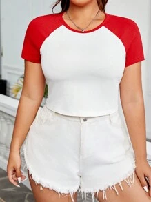 SHEIN EZwear 情人節針織拼接大尺碼女士網球短袖T恤 - 紅白色 - 查看 5