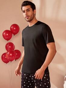 Valentine's Day Men's Letter Print Short Sleeve Top & Heart Print Pants Pajama Set - Black and White - View 5