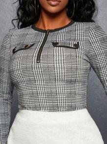 Slaydiva Front Zipper Houndstooth T-Shirt - Black and White - View 3