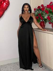 Slaydiva Váy dài xẻ cao Slayr Plus Size thanh lịch gợi cảm bằng vải satin chữ V sâu dành cho nữ - màu đen - Xem 2