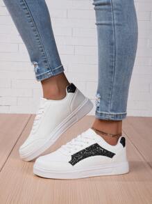 女士黑白系帶輕質皮革拼接平底運動鞋,休閒運動鞋 - 黑與白 - 查看 1