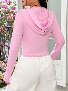 SHEIN EZwear Zippered Cropped Slim Fit Hoodie - Pink - View 2