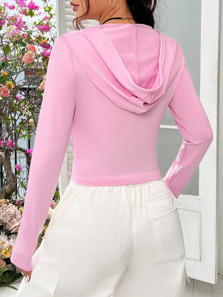 SHEIN EZwear 拉鍊式短版修身連帽衫 - 粉色 - 查看 2