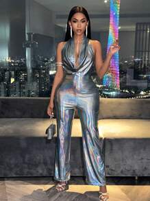 VaVaBold Silver Jumpsuit With Slatted Neck Metallic Laser Back Hollowed Out Neck - Silver - View 3