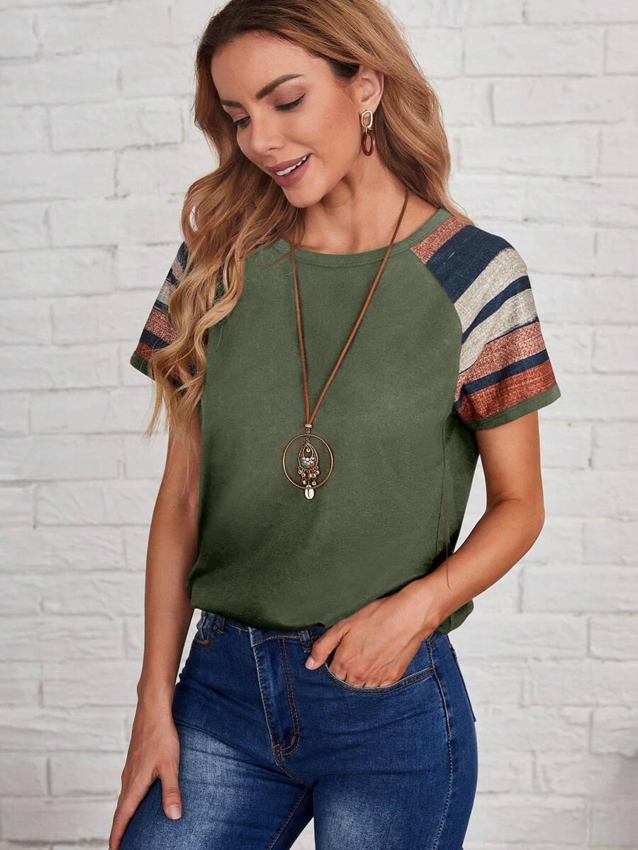 EMERY ROSE Women's Contrast Stripe Raglan Sleeve T-Shirt - Army Green - View 1