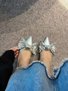 Women's Butterfly Shaped Rhinestone Detail Flat Sandals With Pointed Toe - Silver - View 3