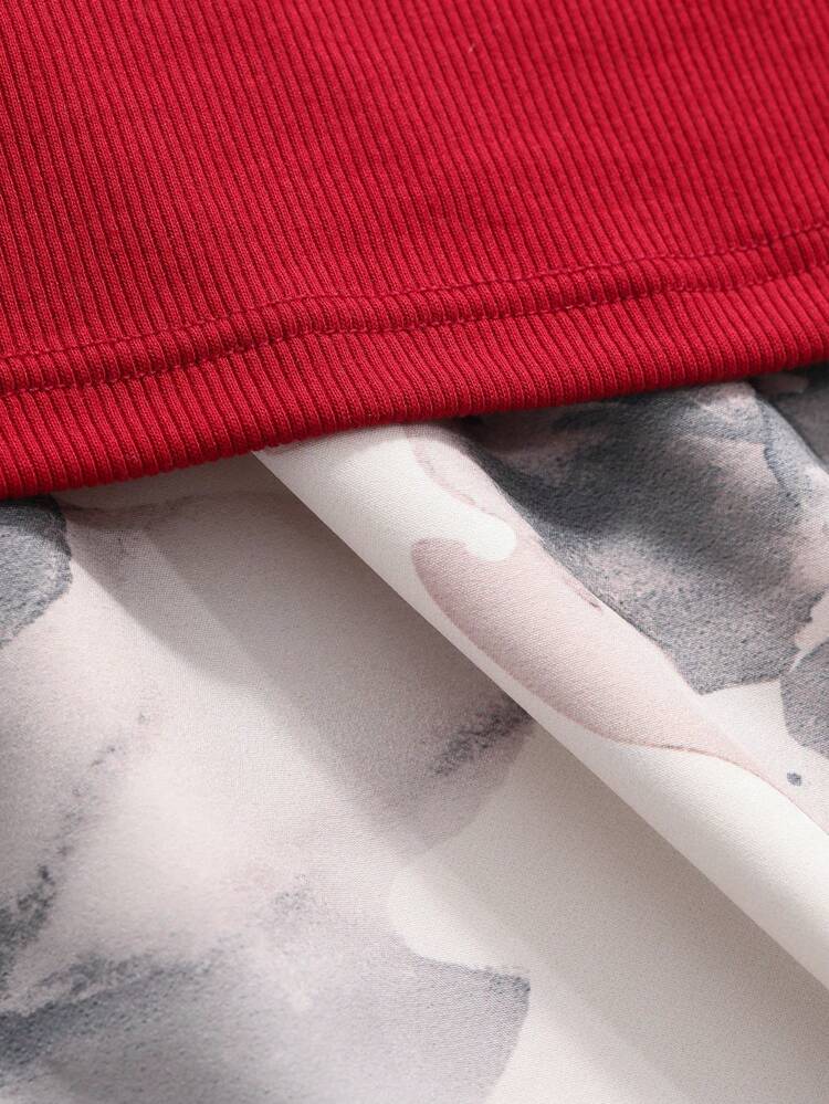 Women's Solid Color Top And Floral Print Skirt Set,Women Two Piece Sets