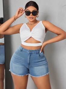 SHEIN SXY Kích thước lớn Quần short Denim Với Sự tréo nhau Dây đai , Frayed - Rửa nhẹ - Xem 5