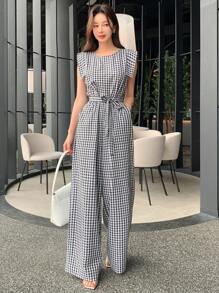 DAZY Bộ đồ liền thân kẻ sọc thắt lưng cho nữ, quần yếm xếp nếp cho nữ - Đen và trắng - Xem 2