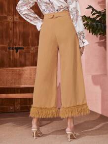 Seusyu Women'S High-Waisted Folded Waistband Frayed Hem Wide Leg Pants Fall Cloth For Women - Yellow - View 2